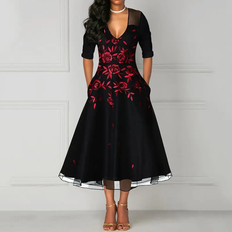 Женские Сексуальные вечерние платья с цветочным принтом, элегантные сетчатые прозрачные черные платья с глубоким v-образным вырезом и высокой талией, большие размеры, летние винтажные женские платья
