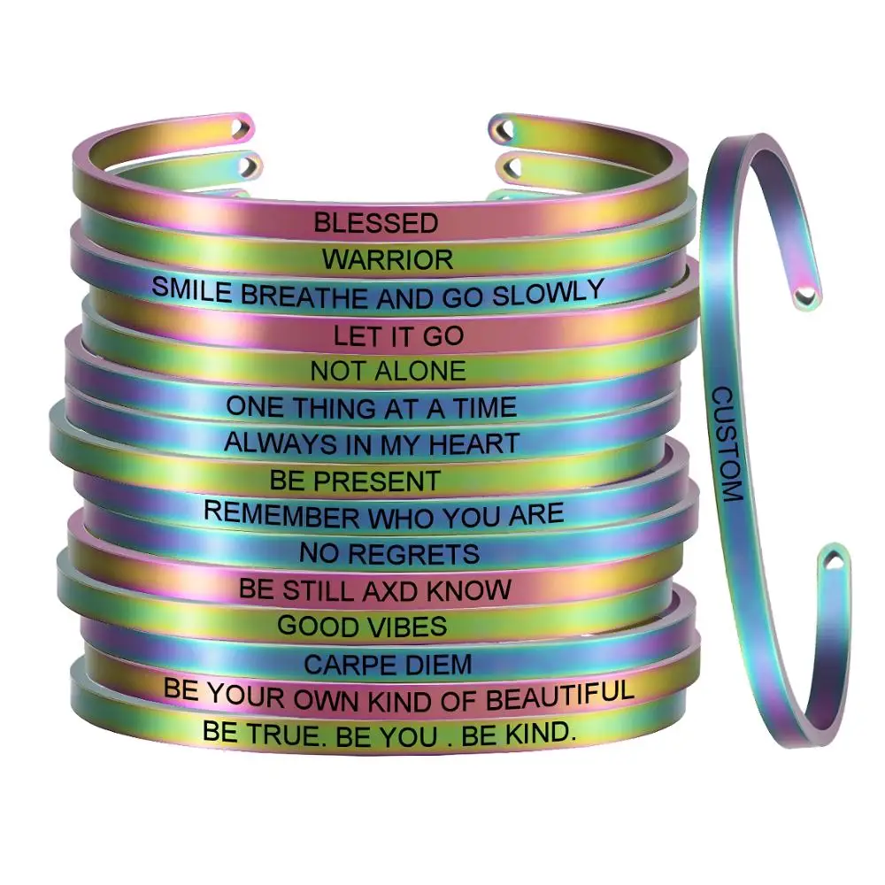 

Personalized Engraved Rainbow Color Stainless Steel Inspirational Quotes Bangle Bar Mantra Women Cuff Bracelets Bangles SL-093