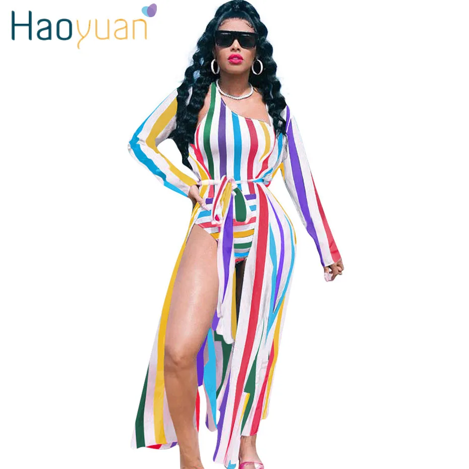 

HAOYUAN Summer Clothes for Women Two Piece Set Striped Long Cloak and One Shoulder Rompers Bodysuit Beach Outfits Matching Sets