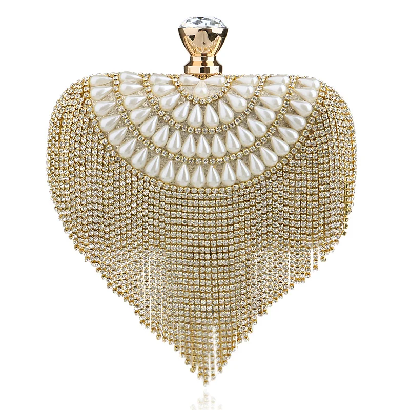 GLOIG Tassel Rhinestones Clutch Beading Lady Evening Bags Diamonds Small Purse Chain Shoulder Handbags Wedding Party Evening Bag