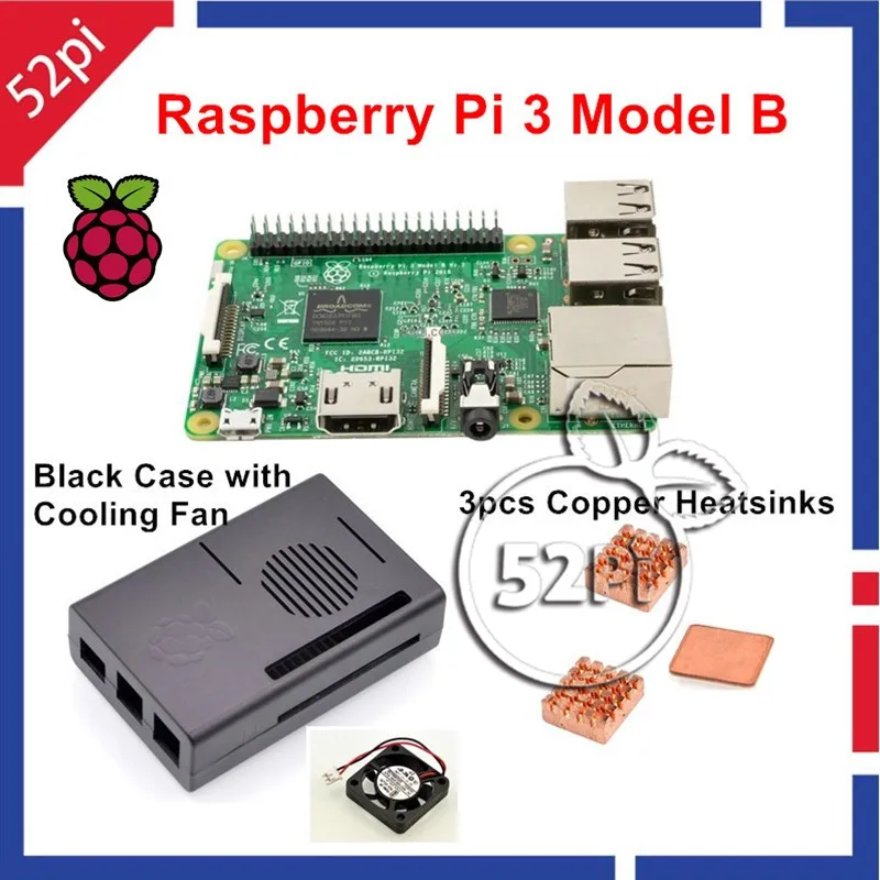 52Pi Новинка 2017 года Raspberry Pi 3 Модель B Starter Kit с черный чехол + вентилятор охлаждения + радиаторы