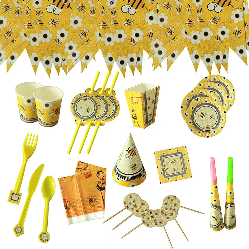 

BEE Theme Party Supplies Disposable Tableware Paper Cups Plates Tissue Balloons Baby Shower Kids Birthday Party Decorations AH14