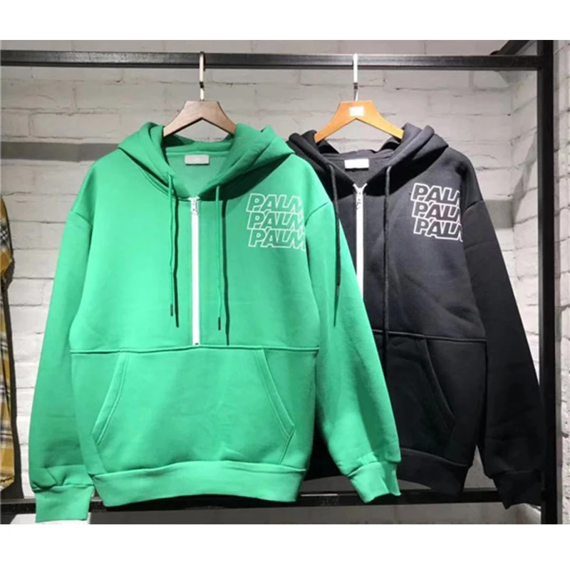 Palm Angels Black Green Long sleeves Hoodies Half Zipped Closure 