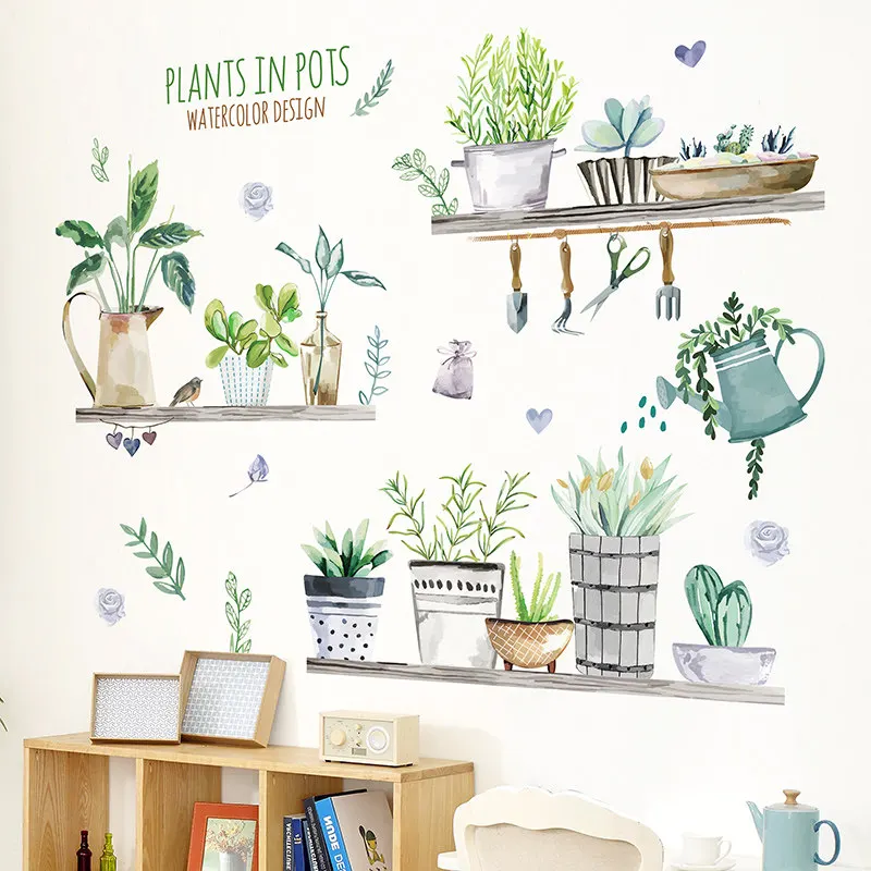 Наклейки на стену в скандинавском стиле с растениями в горшках, декор для гостиной, сделай сам, бонсай, наклейки на стену, виниловый декор, сделай сам, Фреска, художественная наклейка, плакаты