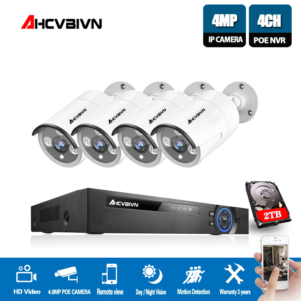 

Full HD 5.0MP 4 Channel CCTV System 4pcs 4MP Metal Outdoor IP Camera 4CH 1080P 5MP POE NVR CCTV Kit HDMI P2P Email Alarm xmeye