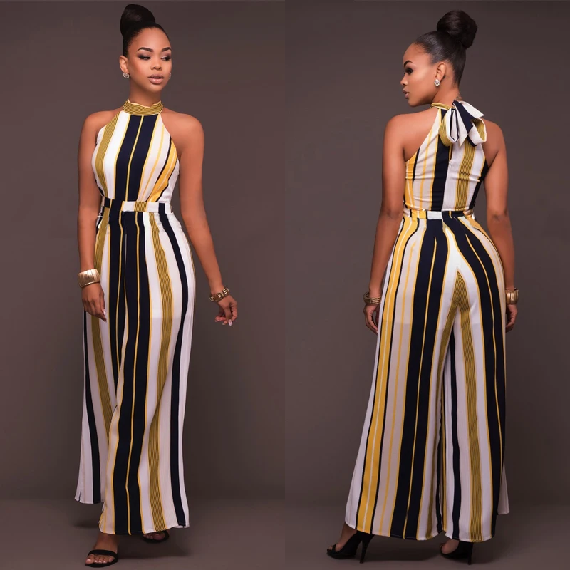 2019 New Sexy One Piece ROMPERS WOMENS JUMPSUIT STRIPED Elegant Long Wide Leg Pants Halter Loose Overalls Party Colorful Summer 