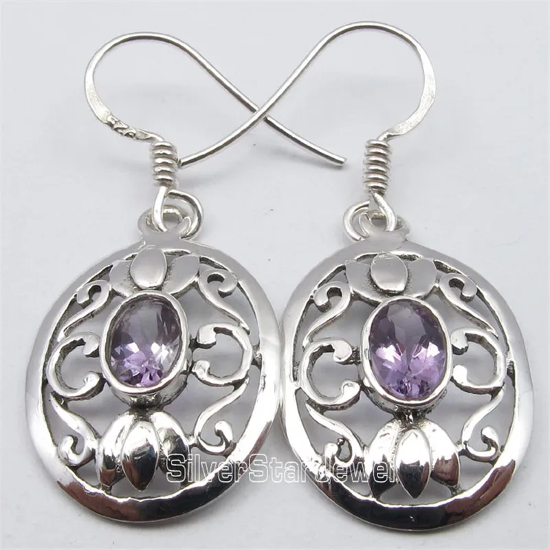 

Solid Silver AMETHYSTS Cut Designer Artisan Earrings 3.6CM Variation