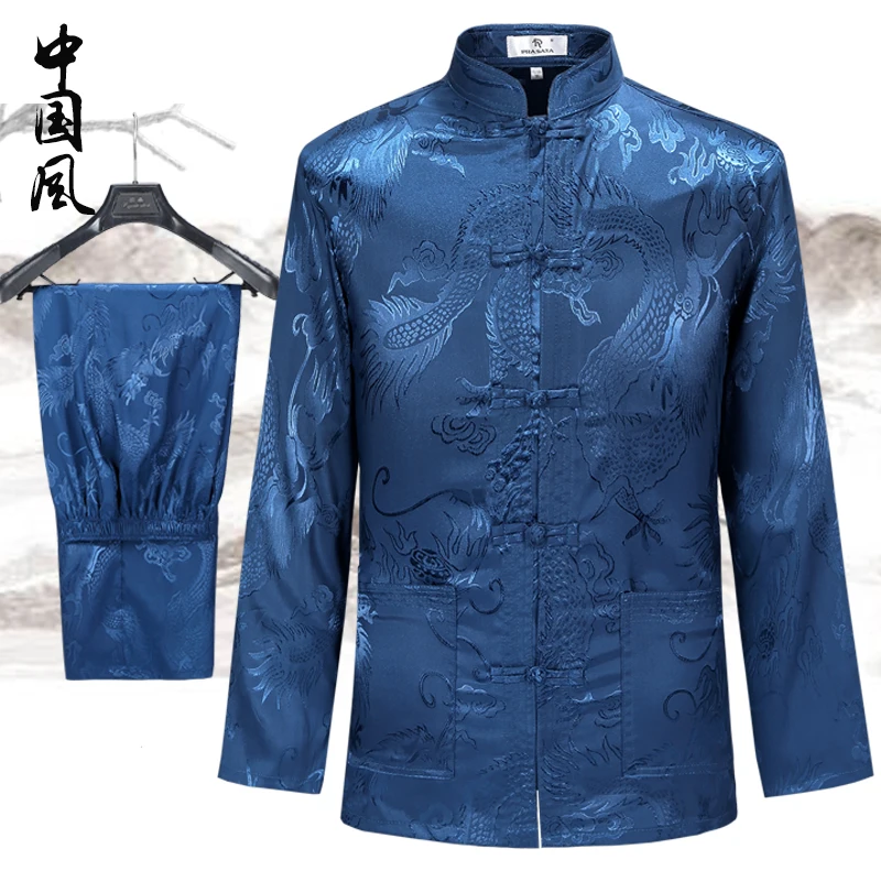 Весна и осень пожилых Костюм Танг Mens Long-Sleeve костюм комплект в китайском национальном стиле одежда Большие размеры шелк плиты стоять