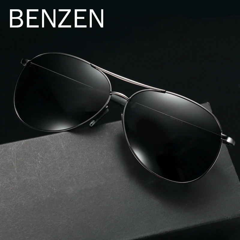 Comprar Gafas de sol BENZEN Pilot gafas de sol polarizadas Vintage para hombres gafas de sol para conducir gafas clásicas nuevo negro con funda 9295