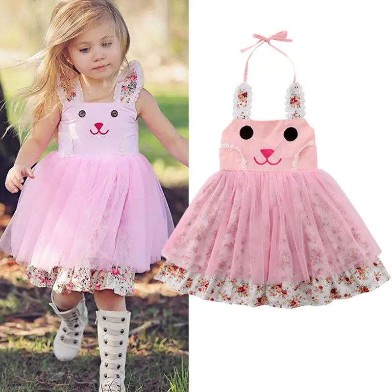 Kid Baby Toddler Girls Sleeveless Strap 3D Bunny Floral Tulle Tutu