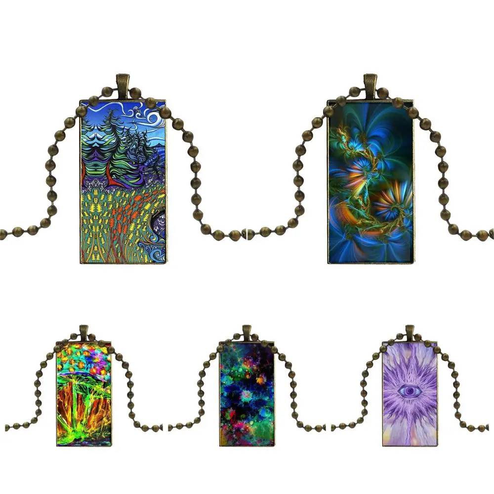 For Women Men Party Glass Cabochon Jewelry Bronze Color With Long Pendant Choker Rectangle Necklace Mysterious Psychedelic | Украшения и