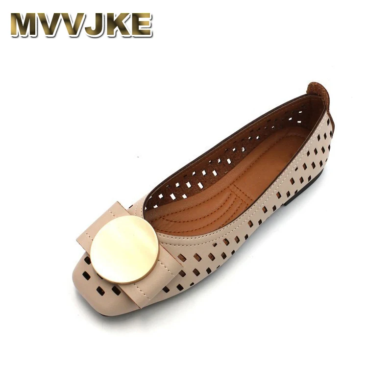 

MVVJKE New Spring Summer Square Toe Shallow Pu Leather Round Metal Buckle Hollow Out Single Flat Shoes