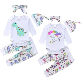 

Newborn Baby Boy Girl Unicorn/Dinosaur Pattern Clothes Set Boy Girl Long Sleeve Soft Romper Pants Hat 4Pcs Autumn Cotton Outfits