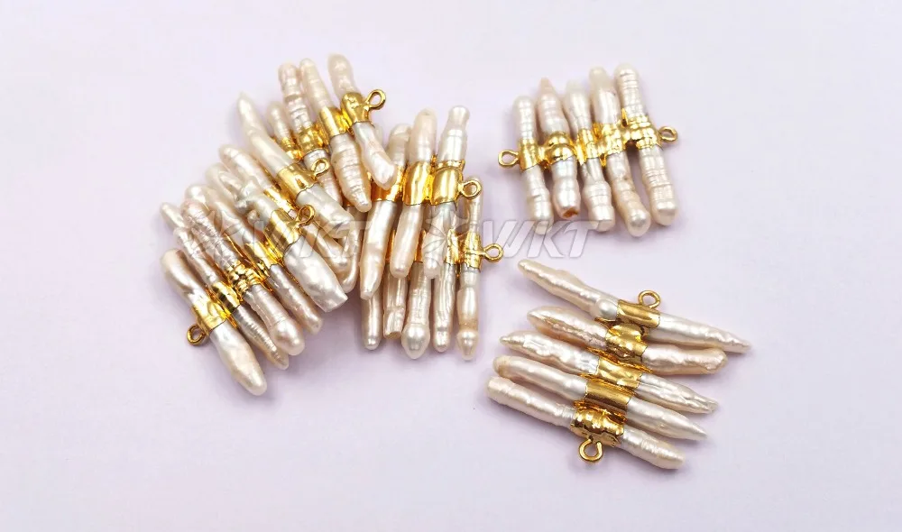 WT-JP039 Wholesale Tiny Stick Natural Freshwater Pearl Connector Charm Accessory With Gold Electroplated for Jewelry