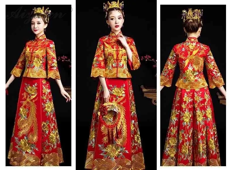 Новый Вышивка Феникс Ципао платья Chinoise Красный невесты длинные Qi Pao Для женщин традиционное китайское свадебное платье винтажное платье
