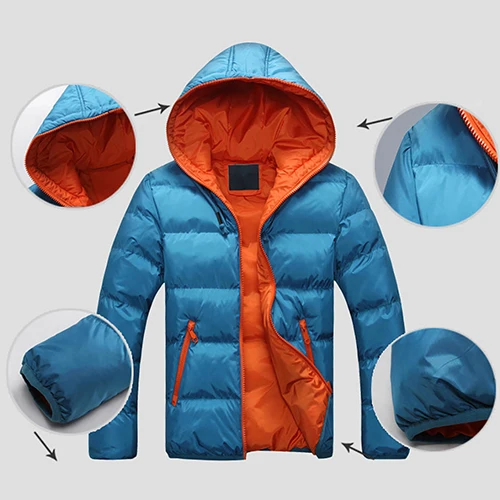 Men Winter Warm Down Jacket Casual Long Sleeve Padded Hooded Zipper Coat