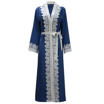 

Women Muslim Long-Sleeved V-Neck muslim Dresses Elegant fashion Lace Stitching Cardigan Robe with belt a930