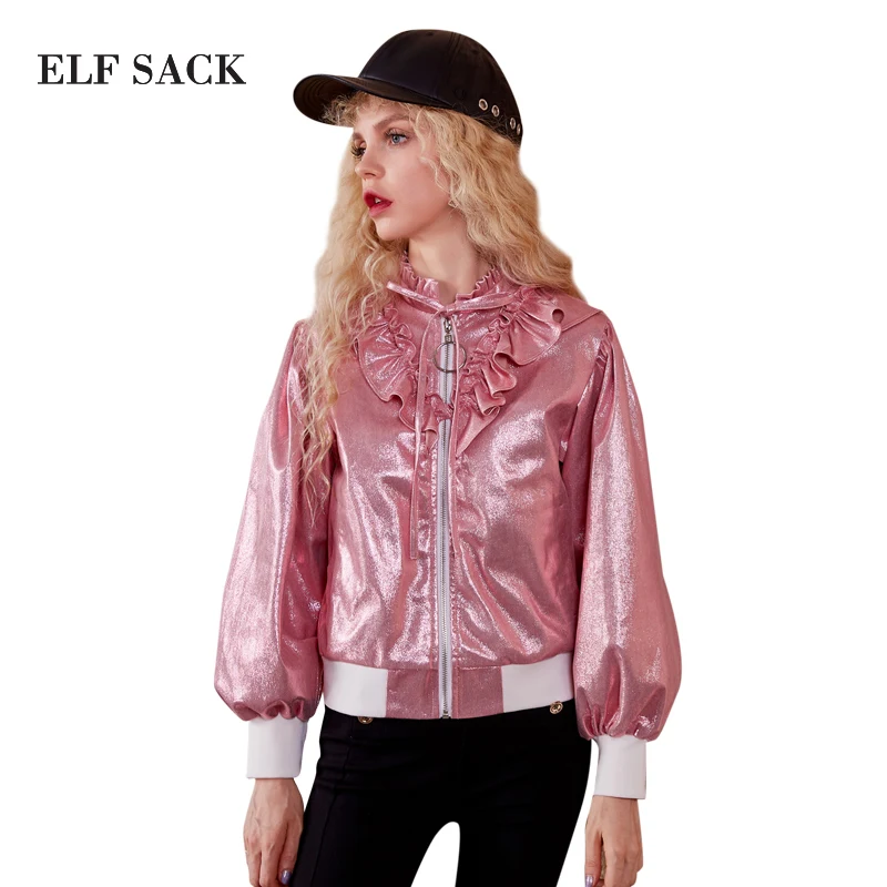 ELF SACK/осенние женские короткие куртки из блестящей искусственной кожи в стиле