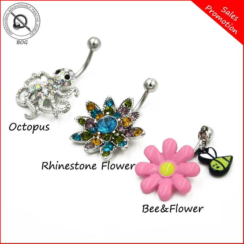

BOG-Lot 1 Piece Bee& Flower Rhinestone Flower Gemmed Octopus Navel Belly Button Piercing Ring Body Jewelry