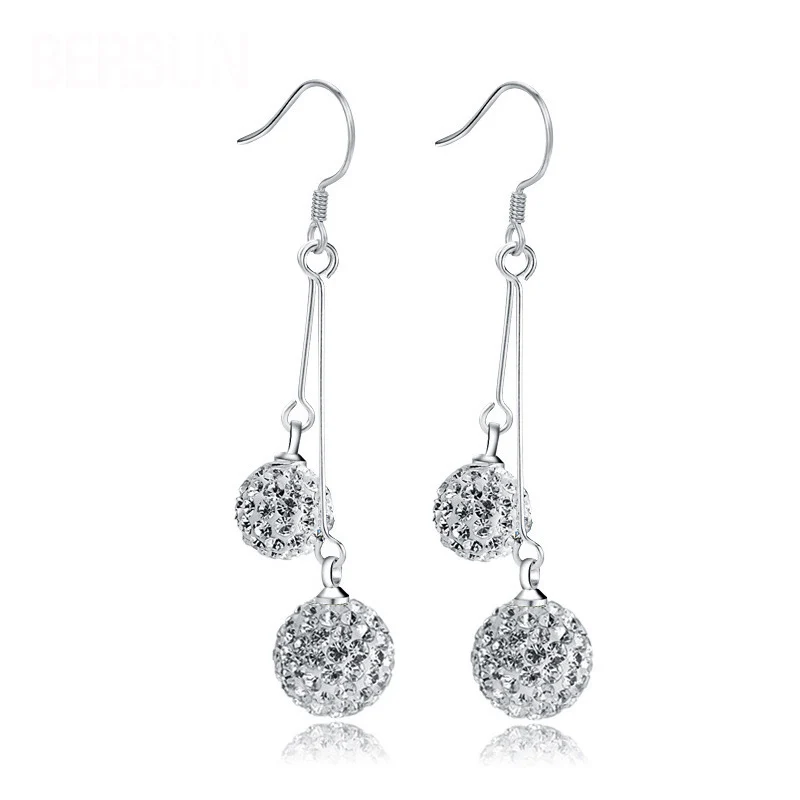 

New Fashion Luxury Double Bling Crystal Ball Silver Earrings For Women Long Tassel Drop Dangle Earrings Ear Hook Bridal Jewelry