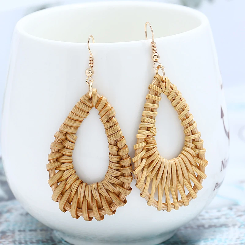 

AENSOA Korea Bamboo Wooden Straw Weave Rattan Knit Vine Geometric Hollow Out Water Drop Long Earrings for Women Beach Jewelry