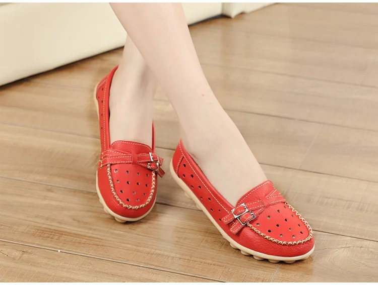 Soft Genuine Leather Shoes Women Slip On Woman Loafers Moccasins Female Flats Casual Women's Buckle Boat Shoe Plush Size 35-41 38