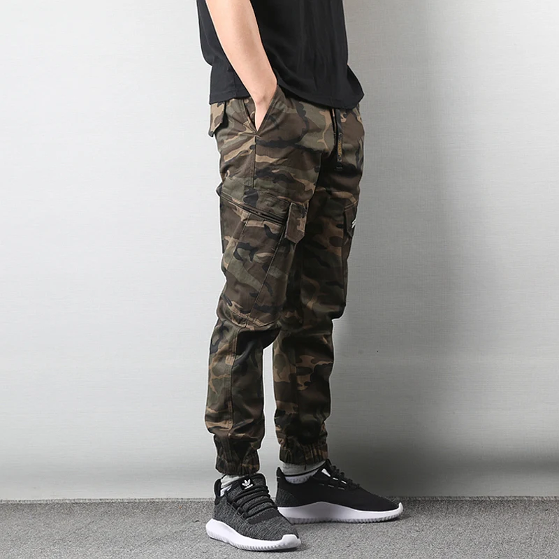 Японский стиль, модные эластичные мужские джинсы, с большим карманом, брюки-карго, камуфляжные военные штаны, хип-хоп штаны для бега, уличная одежда