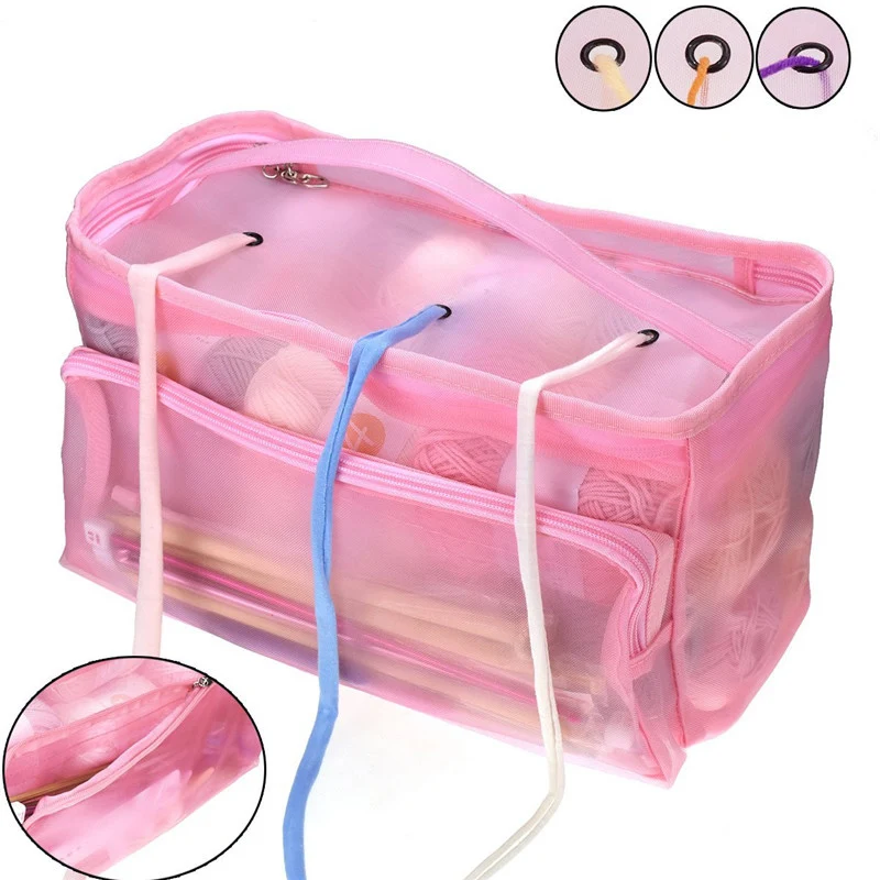 

HOT-Yarn Storage Mesh Bag For 3 Holes Yarn Thread Zip Lock With Hole Mesh Bags Crochet Container Portable Lightweight Tote