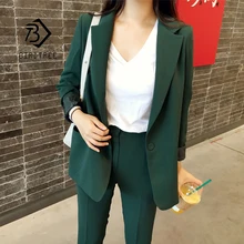 Женский брючный костюм, однотонный блейзер с длинным рукавом на одной пуговице, брюки с высокой талией, офисный женский элегантный зеленый черный комплект из 2 предметов S94001F