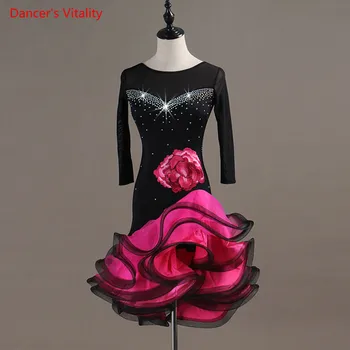 

Adult Latin Dance Costumes Gauze Long Sleeve Diamonds Fishbone Dress Women Girls Latin Ballroom Dance Stage Performance Clothes