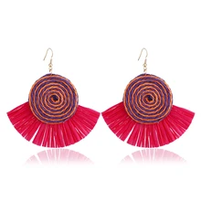 L&H Handmade Tassel Earrings 2018 New Bohemia Round Lafite Long Drop Earrings For Women Charm Statement Fashion Pendant Jewelry 2018 summer new india golden jhumki earrings bohemia blue tassel earrings hippy charm fake beach travel jewelry