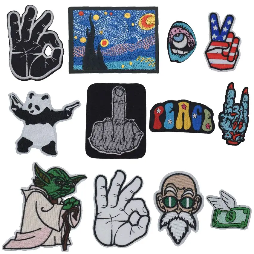 

Finger Hand Yoda Peace Panda Bear Guns Monster Mouth Embroidery Iron On Dragonball Patches For Clothing Fly Away Money Sticker