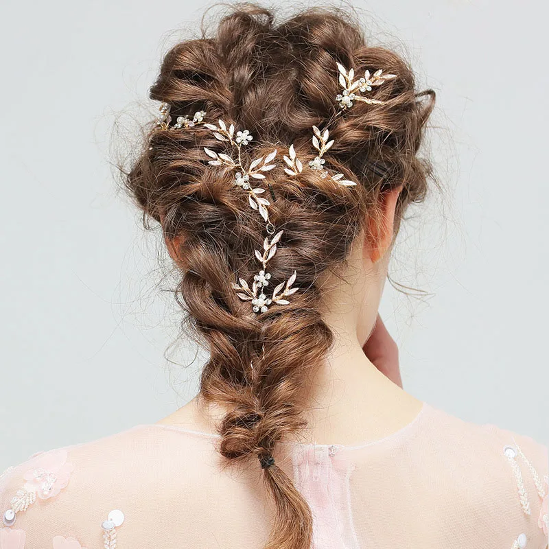 

SLBRIDAL Golden Wired Rhinestones Crystal Pearls Wedding Headband Bridal Hair Vine Hair Accessories Bridesmaids Women Jewelry