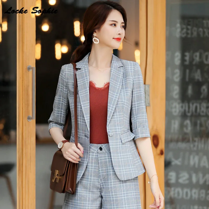 1pcs Women Plus size Blazers coats 2019 Summer cotton blend plaid Slim fit Small Suits jackets ladies Skinny Blazers Suits coat