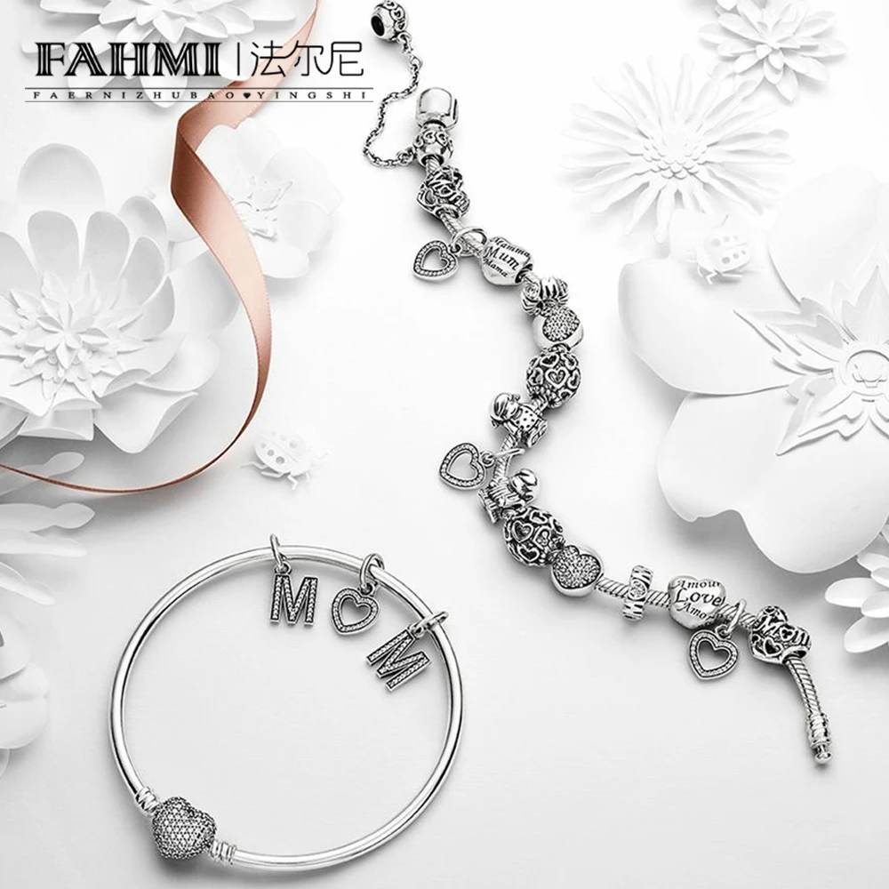 

FAHMI 100% 925 Sterling Silver Heart-shaped String Charm Charm Bracelet Bangle Set Mother's Day Customizable Message Size