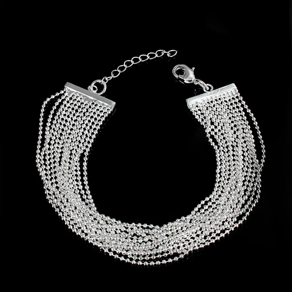Fashion Charm 925 Sterling Silver Muti Line Bracelets Beads Chain