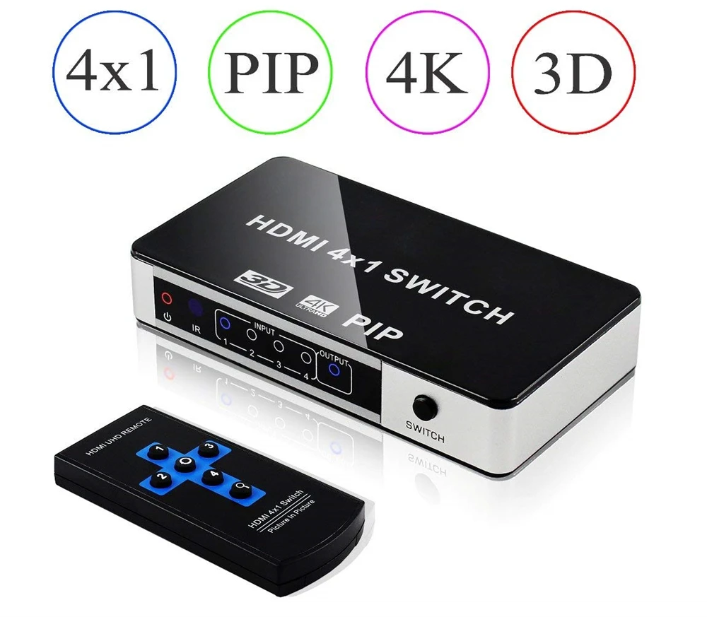  2020 4K 4 Port HDMI Switch PIP 4x1 HDMI PIP Switch Splitter 4 in 1 out Selector with PIP & IR Remot