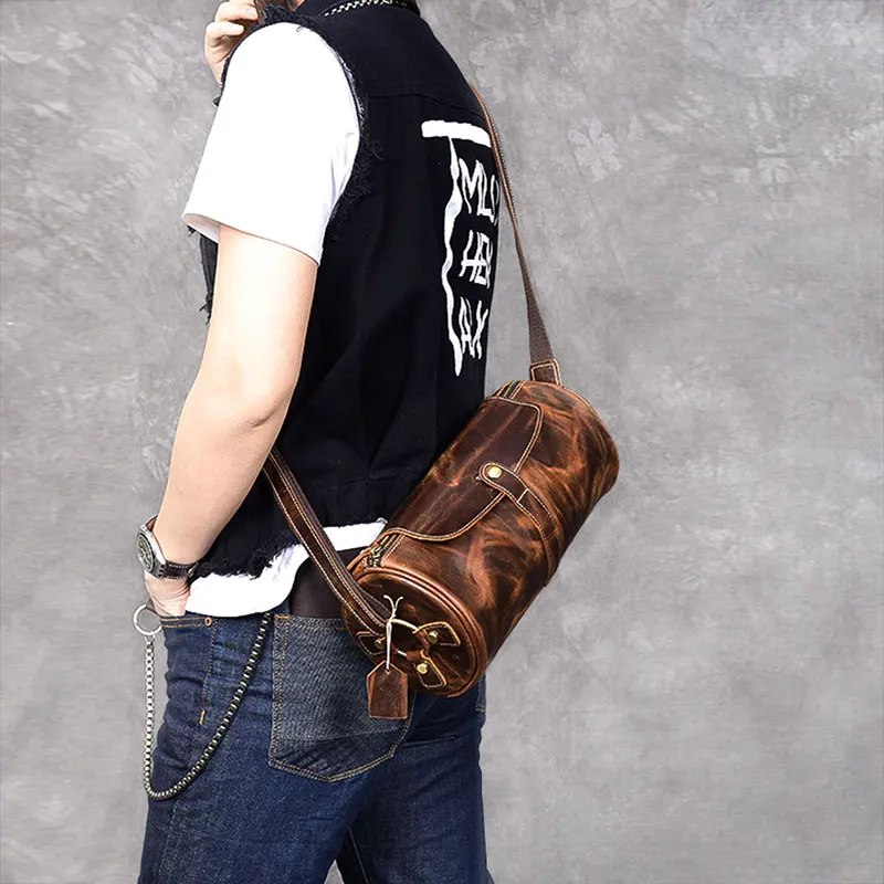 

Genuine Leather Mens personality of Crossbody Bags Men's Barrel shaped Messenger Travel Bag Women Chest bag Real Leather