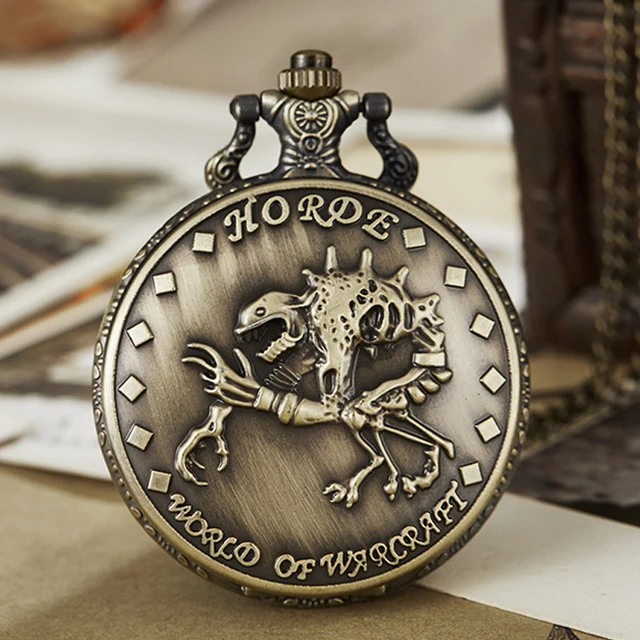 Vintage Pocket Watch Fob Chain World of Warcraft Horde Engrave Clock Mens Flip B Vintage Pocket Watch Fob Chain World of Warcraft Horde Engrave Clock Mens Flip B