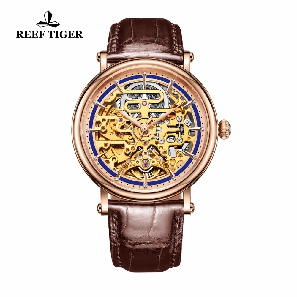 Мужские Винтажные деловые автоматические часы Reef Tiger/RT с циферблатом со скелетом