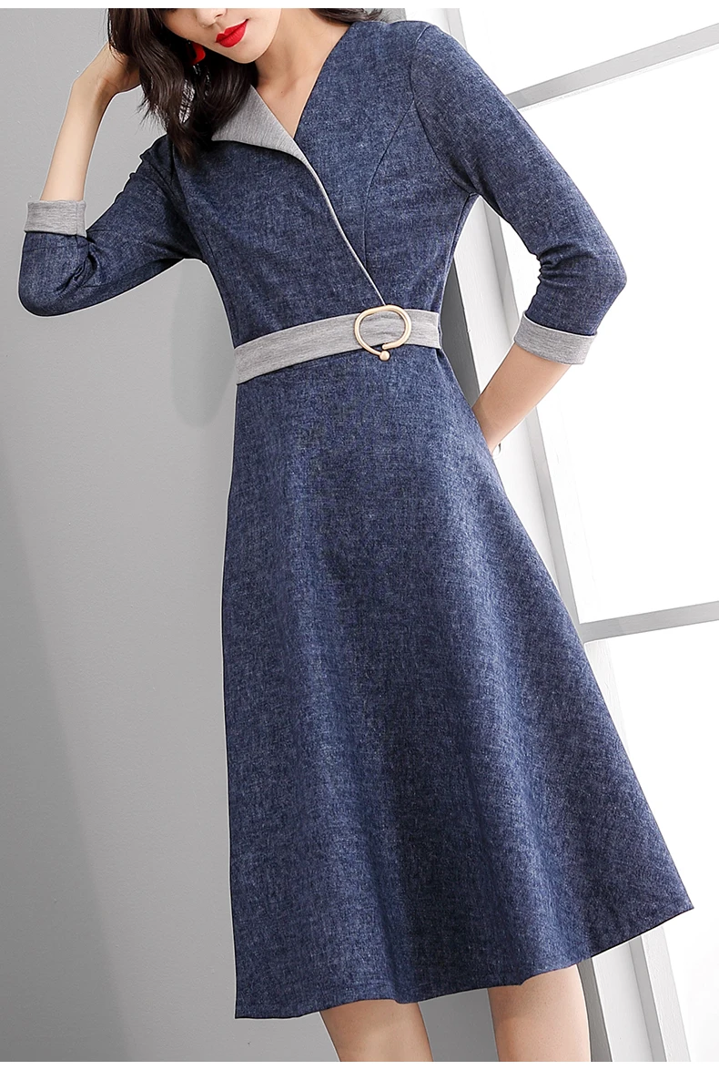Новинка весны, женское модное джинсовое платье, женское платье средней длины с рукавом три четверти, офисная одежда, платье А-силуэта, темно-синее, RE2248