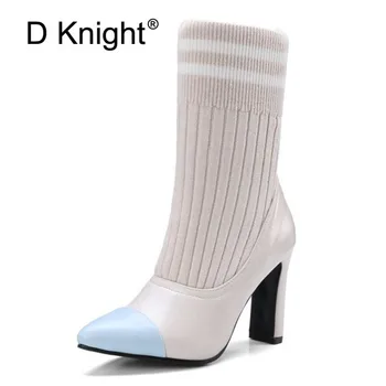 

2018 Winter Women Ankle Boots Fashion Wool+PU High Heel Shoes Woman Sexy Pointed Toe Thick Heels Boots Girls Size 32-43 Booties