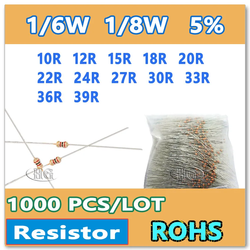 JASNPROSMA 1000 шт./лот 5% 1/6 Вт 1/8 10ohm 12ohm 15ohm 18ohm 20ohm 22ohm 24ohm 27ohm 30ohm 33 36R 39R углеродная пленка DIP