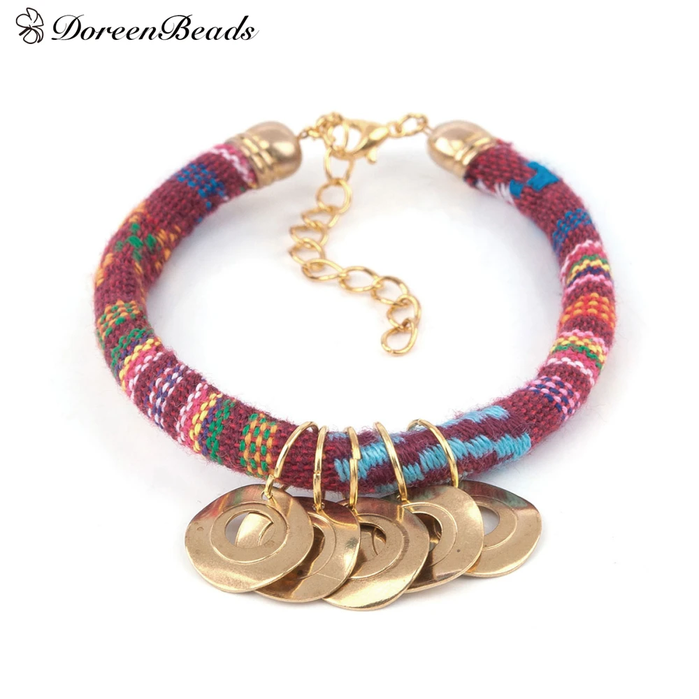 Медные браслеты DoreenBeads в стиле бохо хлопковый шнур латунный Цвет и золото
