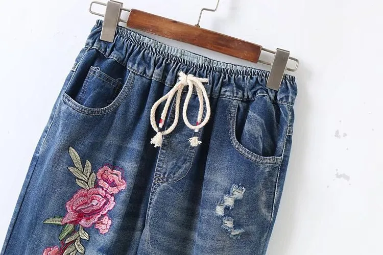 2019 летние женские вышитые цветы джинсовые широкие брюки Уличная Повседневная джинсы с эластичной резинкой на поясе брюки женские