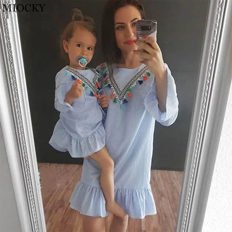 NASHAKAITE-Mother-and-daughter-clothes-Short-Sleeve-Stripe-Tassel-Mini-Dress-Mom-and-daughter-dress-Family (3)