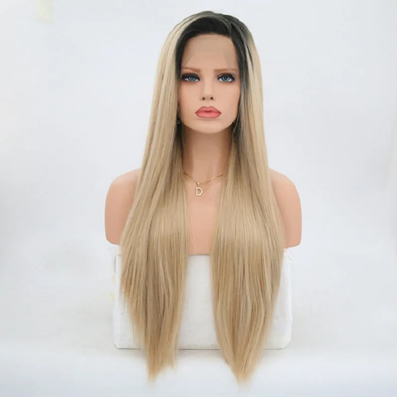 

Charisma 26 Inches Long Ombre Blonde Wig Silky Straight Synthetic Lace Front Wig for Women Heat Resistant Wigs Side Part