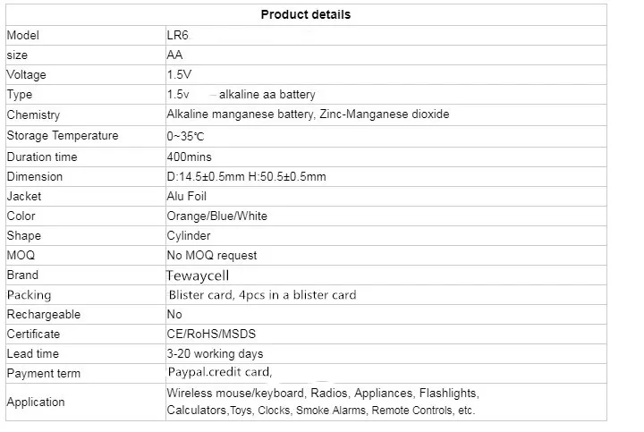 Tewaycell бренд 20 шт./лот LR6 AA 1,5 В щелочная батарея aa сухая батарея длительный срок службы