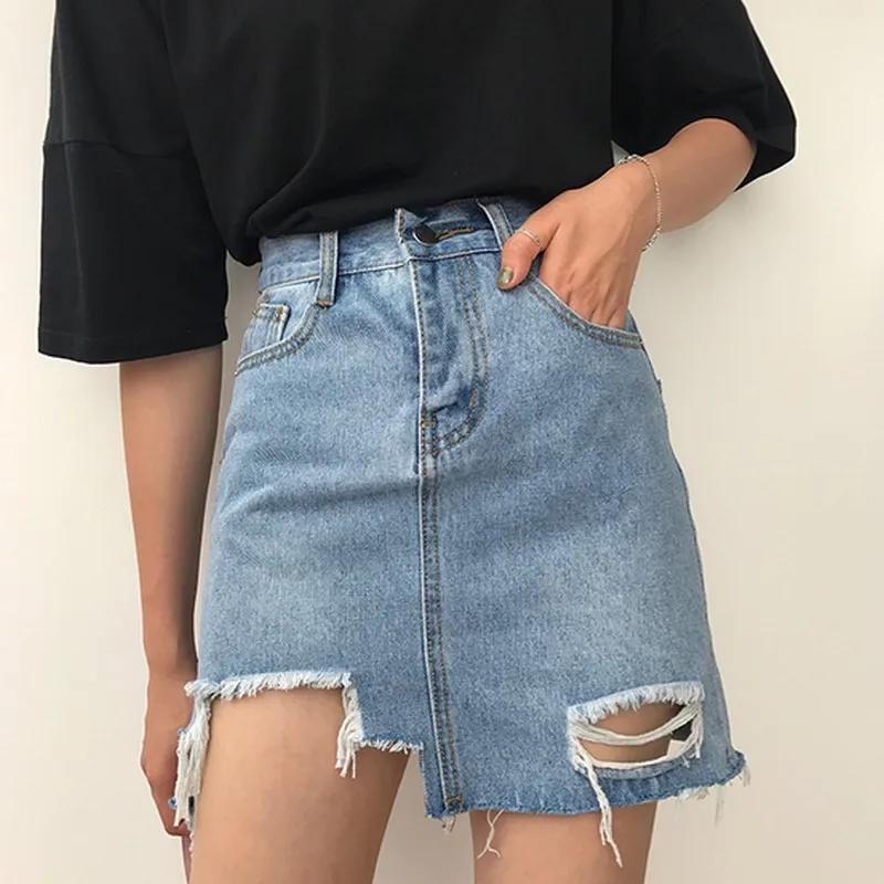 

EXOTAO Women Hole Tassel Jean Skirts Asymmetrical High Waist Mini Skirts Korean Style Denim Skirt Faldas Mujer Solid Color