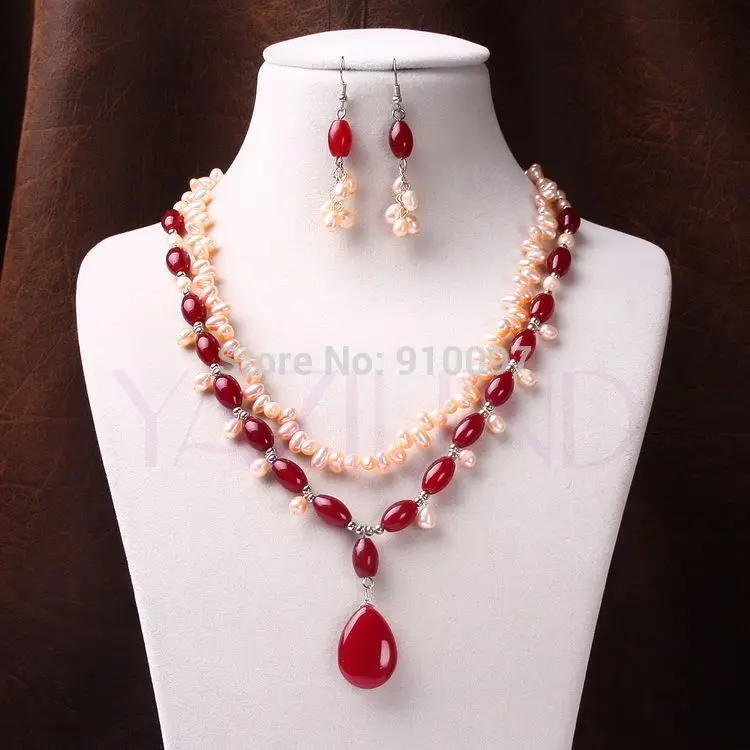 

LHX54015S>>>orange natural fresh water 6*9mm pearl red drop agate double strand necklace set